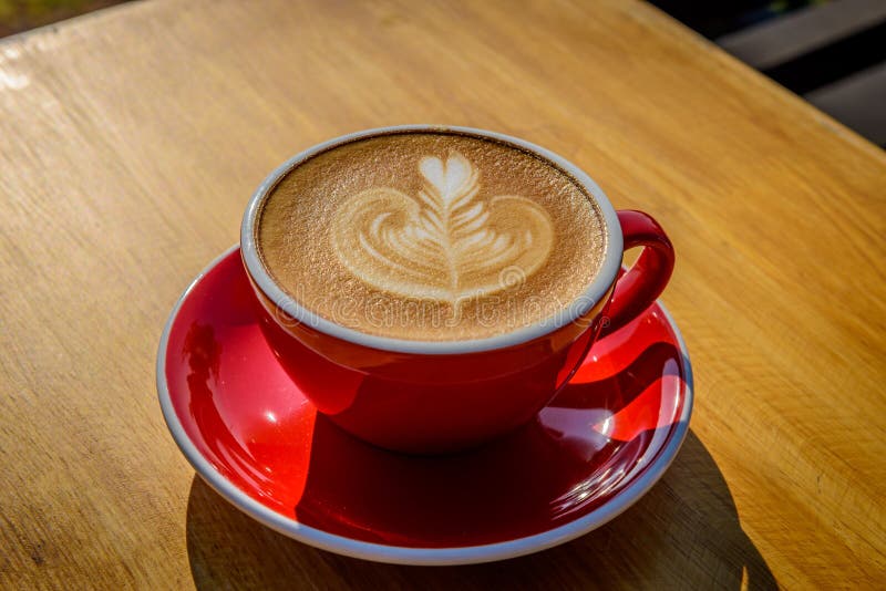 Red Cup of Hot Latte Coffee with Latte Art Stock Image - Image of food