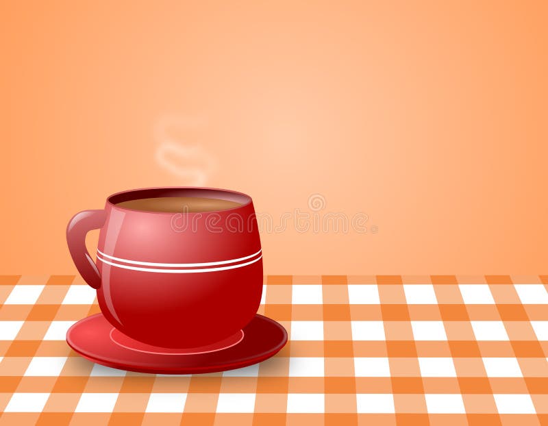 Red Cup of Steaming hot Coffee on Check Table