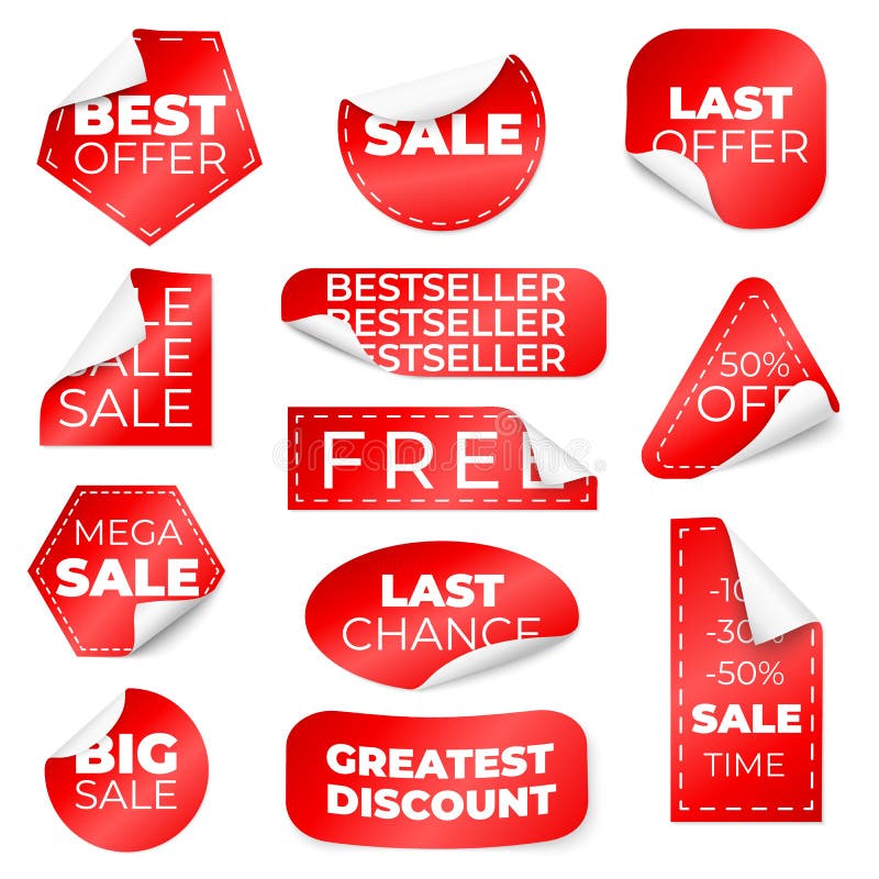 Red Curled Sale Stickers. Discount Labels with Curl Edge, Low Pricing Tags  Stock Vector - Illustration of ribbon, store: 227479854