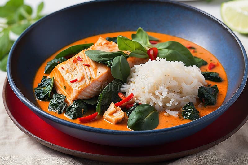 Red Curry with Spinach, Coconut Milk and Baked Fish. Stock Illustration
