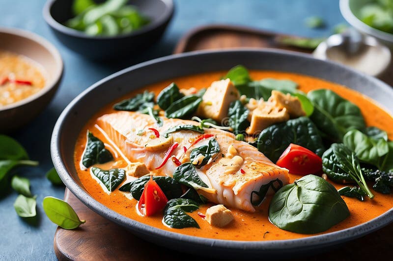 Red Curry with Spinach, Coconut Milk and Baked Fish. Stock Illustration