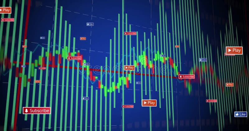 Red cursor starting chart animation green bars pulsing and icons floating to display market trends stock video