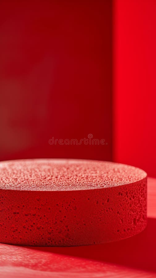 Red cylindrical textured object on monochromatic red background, abstract minimalism concept