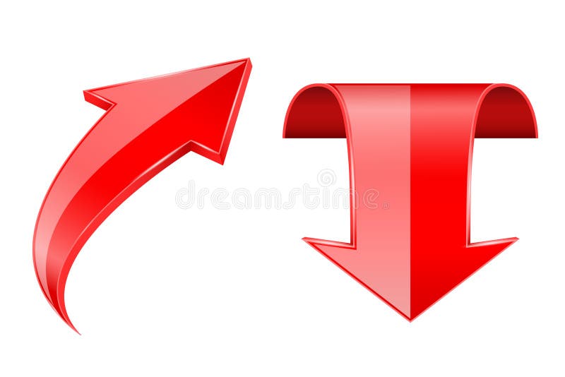 Red 3d arrows. Up and down bent shiny icons. Vector illustration isolated on white background. Up down arrows isolated vectors