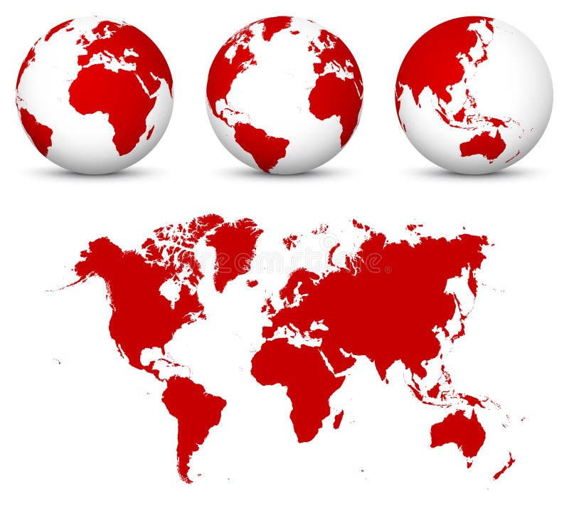 3D Globe - World Vector Icon Templates with Flat Undistorted 2D Earth Map in Red Color.