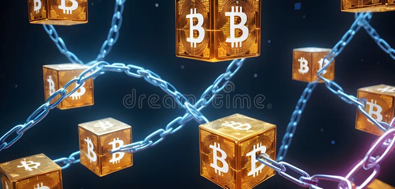 Red de cubos de bitcoin brillante ai generative. Una red de cubos de bitcoin brillantes conectados por cadenas azules ilustra el sistema de transacciones de blockchain seguro y activo. ai generada