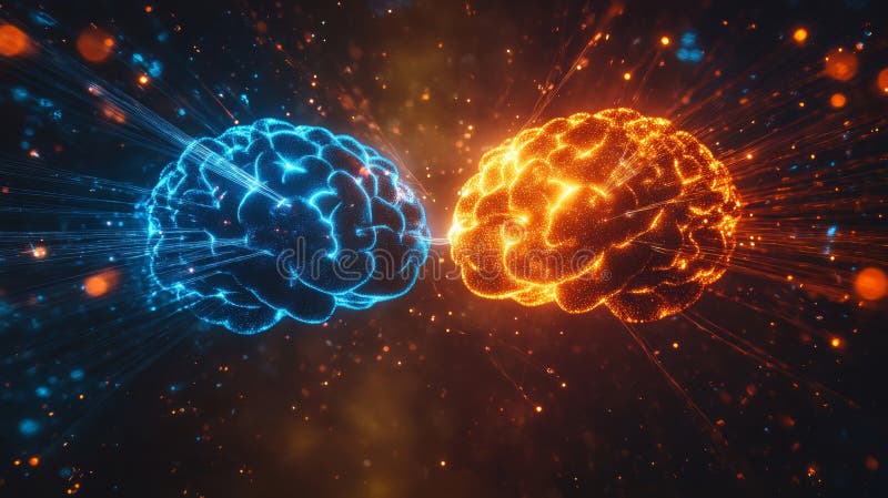 Red de IA de Mentes Interconectadas con Fibra Óptica en Fondo Oscuro Simbolizando la Sinergia Tecnológica Moderna y stock de ilustración