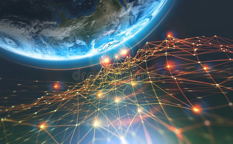 Red de la cadena de bloque y tierra del planeta Inteligencia artificial Base de datos descentralizada global imagen de archivo