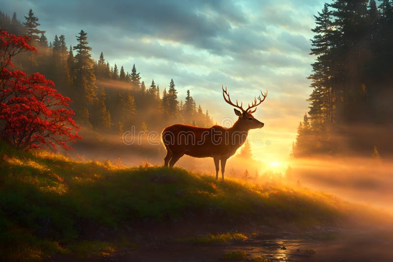 Red deer stands in the grass against the backdrop of mountains at sunset, AI generated image