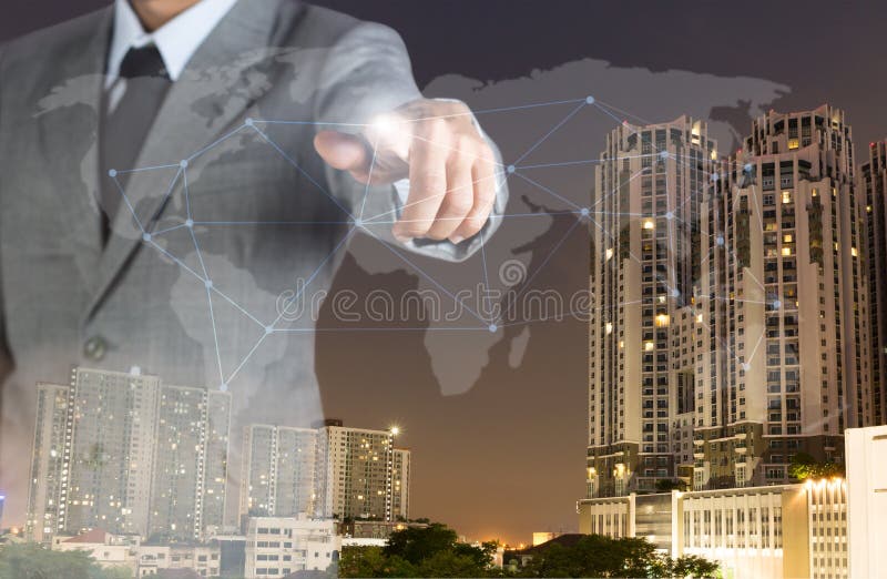 Double exposure businessman with finger world network and realestate. Double exposure businessman with finger world network and realestate