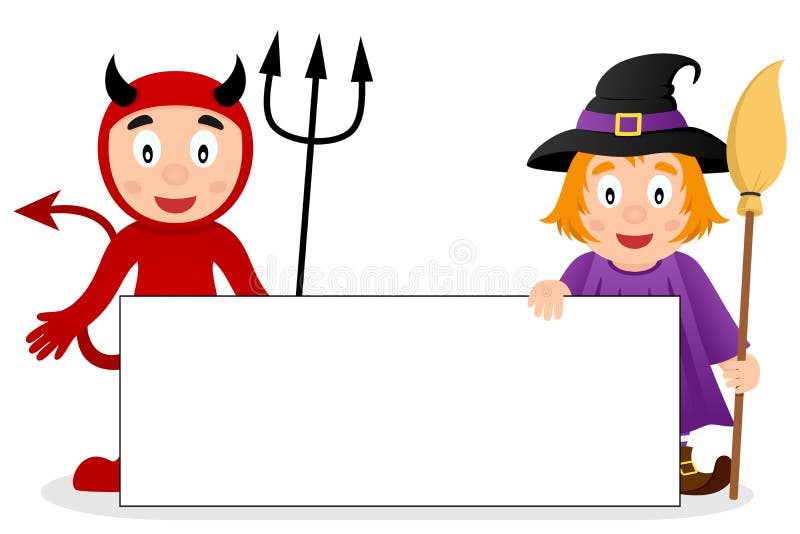 Red Devil & Cute Witch with Blank Banner vector illustration