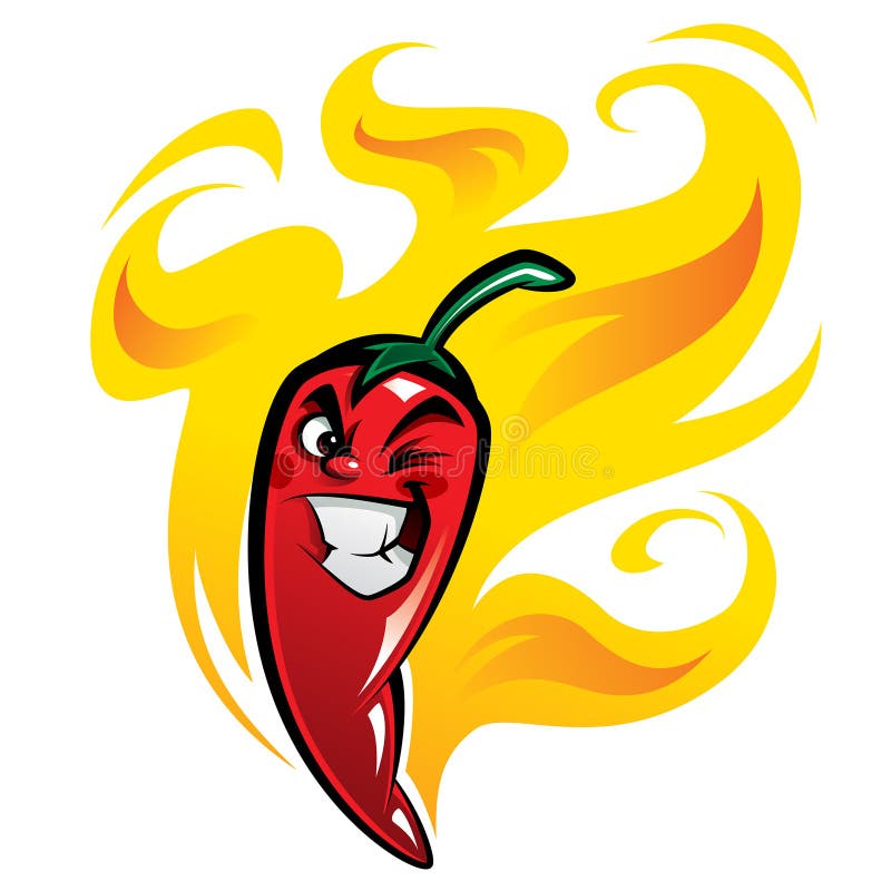 Red Devious Extremely Hot Cartoon Chili Pepper Character on Fire Stock