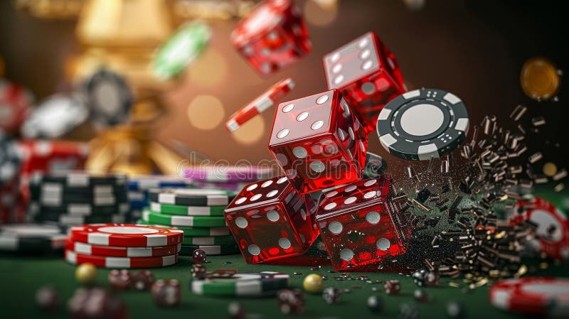 Red Dice Explosion et Winning Chips Pile sur Casino Gambling Table avec fond d'or. Red Dice Exploding et Winning Chips Pile sur Casino Gambling Table avec Gold Background Généré par AI