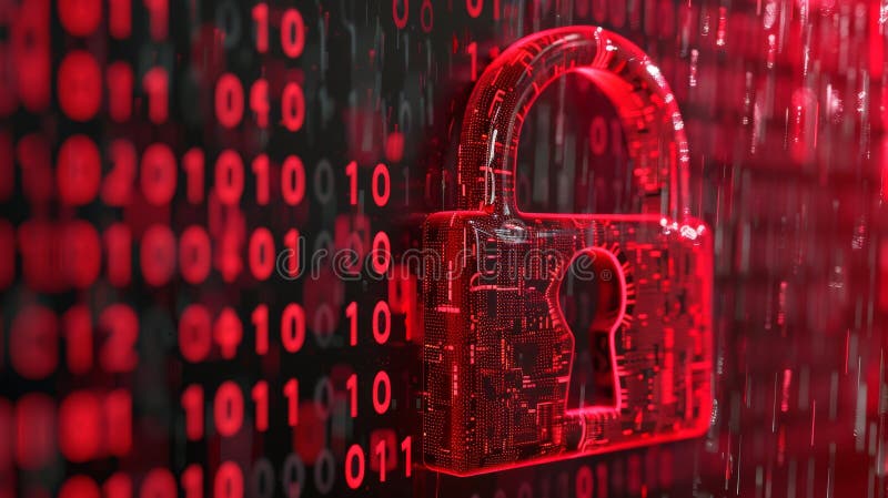 Red digital binary cyber security data breach lock compromising customer trust and loyalty stock illustration