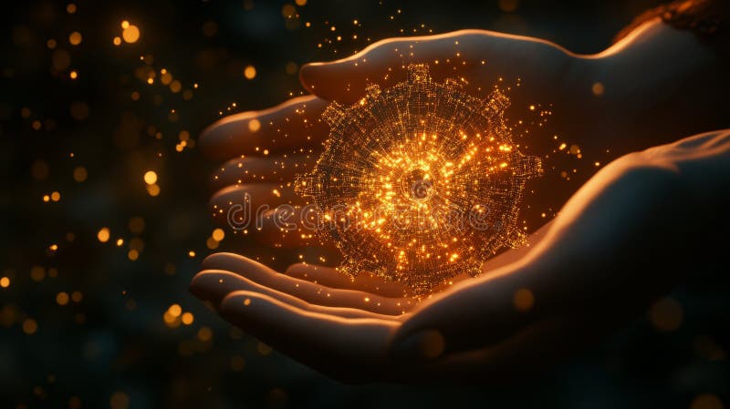 Red digital de mano. Cierre de manos con una red digital intrincada y brillante en un fondo apenas iluminado. una imagen conceptual que simboliza la innovación tecnológica y la conexión. ai generación ai generada