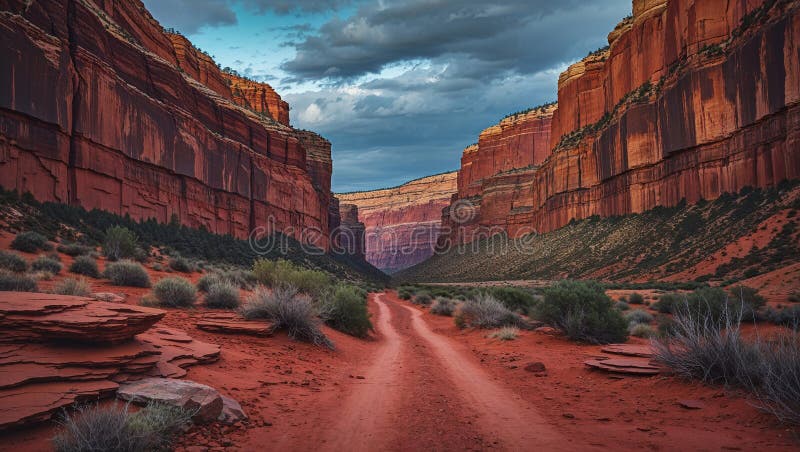 Red dirt road leading into dramatic desert canyon at sunset vector illustration