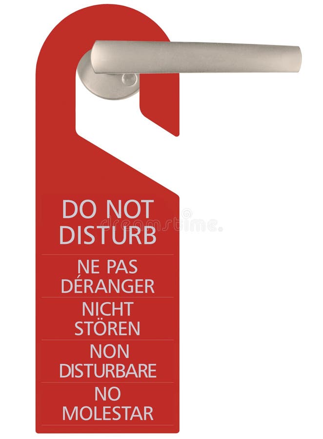 Red Do Not Disturb Door Handle Cardboard Tag, Vertical Isolated Hanger Sign Macro Closeup, English, French, German, Italian, Spanish Text, Large Detailed EN, FR, DE, IT, ES Warning Request Label Concept