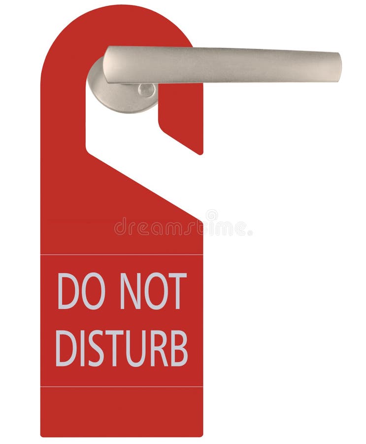 Red Do Not Disturb Door Handle Cardboard Tag, Vertical Isolated Hanger Sign Macro Closeup, English Text, Large Detailed EN Warning Request Label Concept