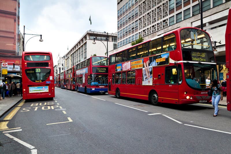 Red double decker buses in Oxford Street stock photos