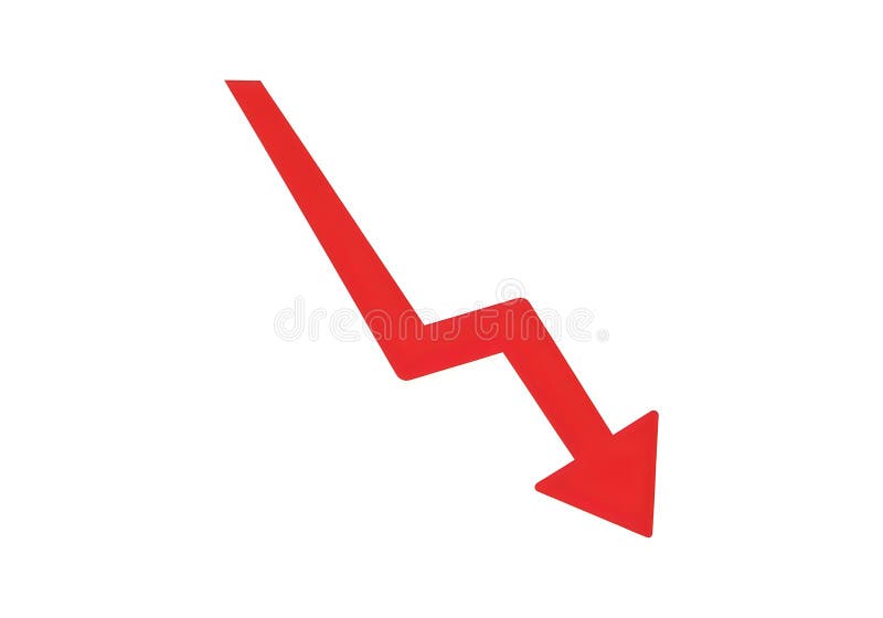 Red downward arrow symbol indicating decline or decrease. A red downward arrow symbol indicating a decline or decrease in a minimalist design. Decrease image illustrations