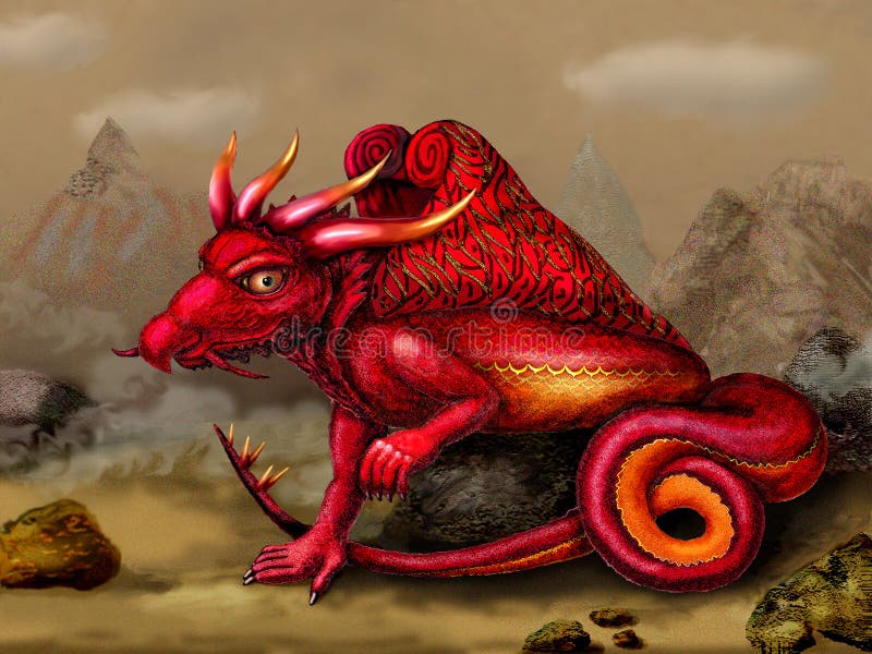 Red dragon in a desert landscape. Portrait of a mystical creature. vector illustration Red dragon in a desert landscape. Portrait of a mystical creature. vector illustration