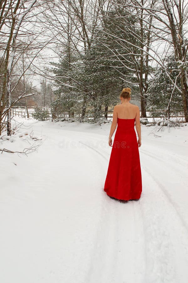 Red dress in snow stock photo. Image of abandoned, woman 7615754