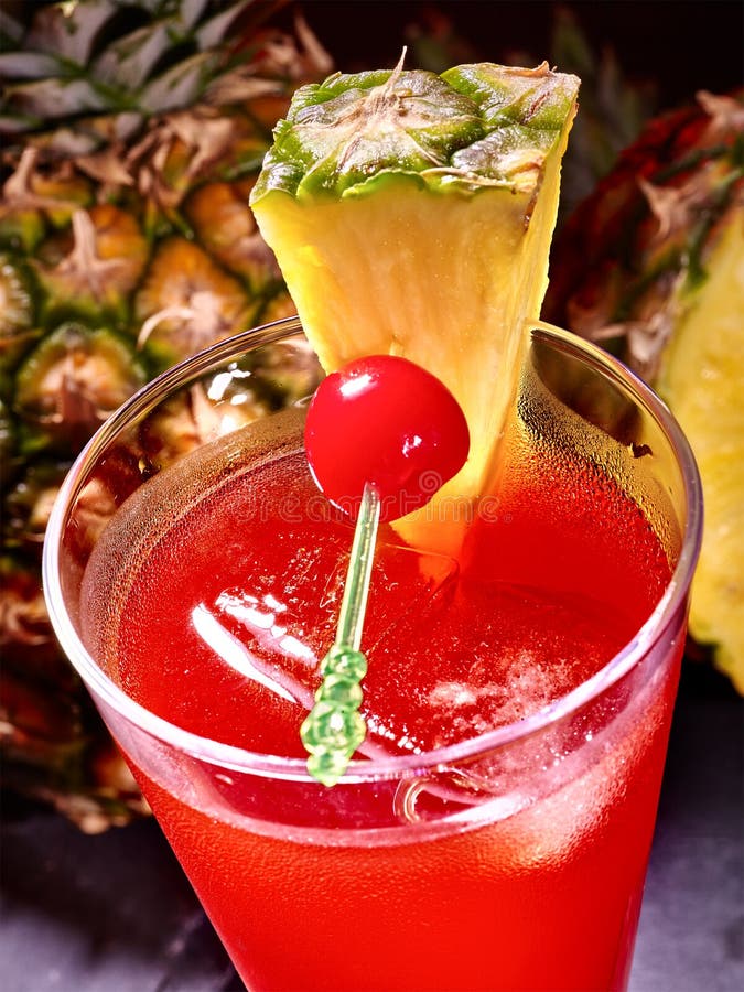 Red Drink with Cherry and Pineapple Stock Image Image of cocktail