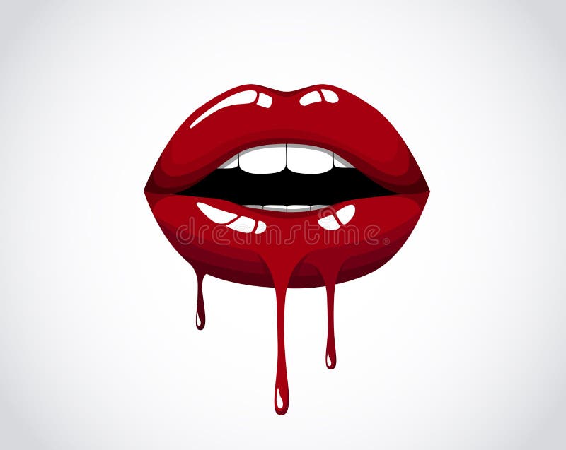 Red dripping girl lips. Woman bleeding red mouth. Melting kiss with lipstick, gloss. Valentines, mothers day logo