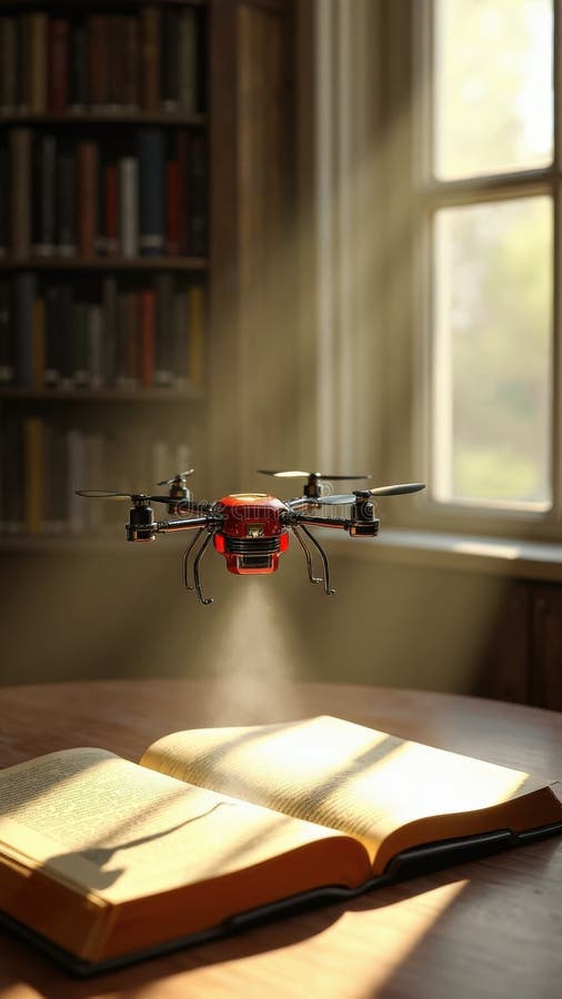 Red drone is hovering over an open book. The drone is illuminated by a light source, creating a sense of mystery and intrigue AI generated