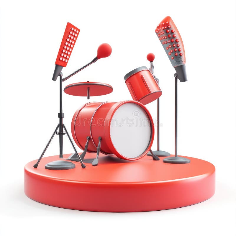 Red Drum Kit auf Stage mit Mikrofonen : 3D-Darstellung eines roten Drum-Sets mit Cym lizenzfreie abbildung