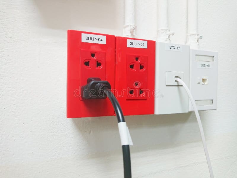 Red Electrical Outlet Installed on White Wall Stock Image Image of