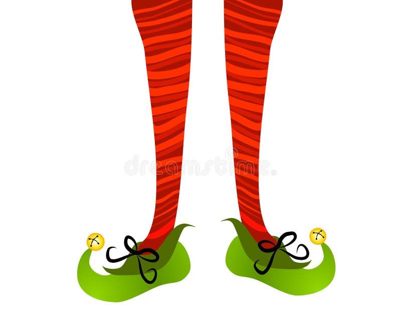 Un clip art, l'illustrazione di un paio di elf gambe con le calze a righe rosse e verdi e scarpe con campane, isolato su sfondo bianco.