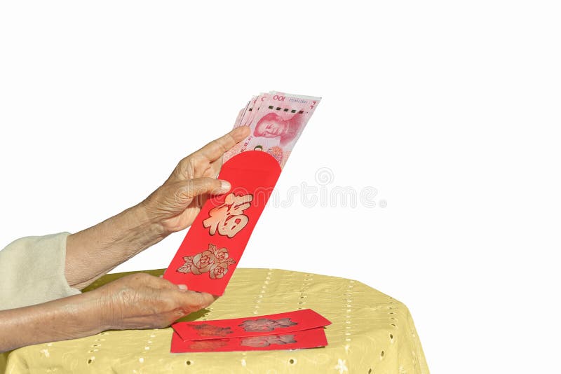 Red envelope packet chinese new year, hongbao with the character 'Happy New  Year' on wood background for Chinese New Year. Translation: Good luck in  the year Stock Photo