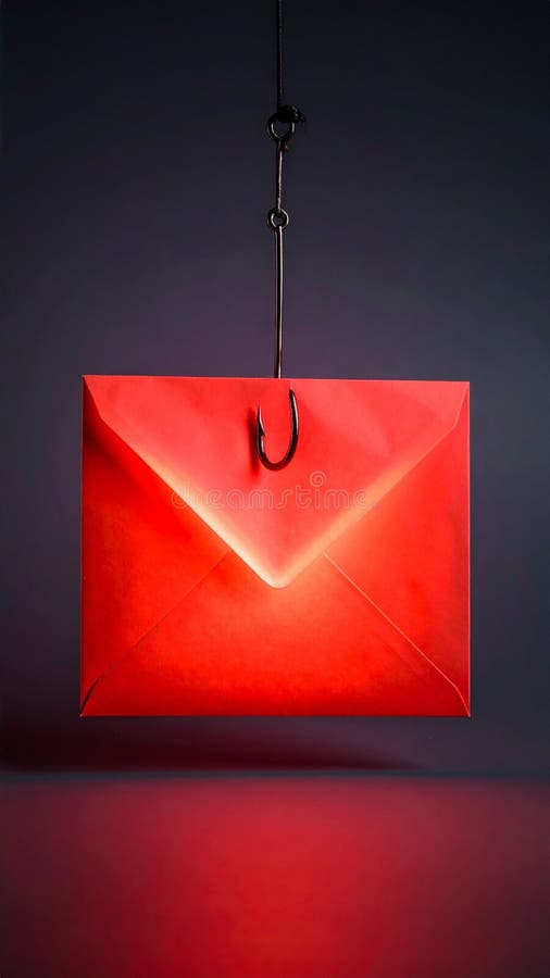 Red Envelope Suspended by Fish Hook Concept of Phishing, Scam, or Cybercrime stock images