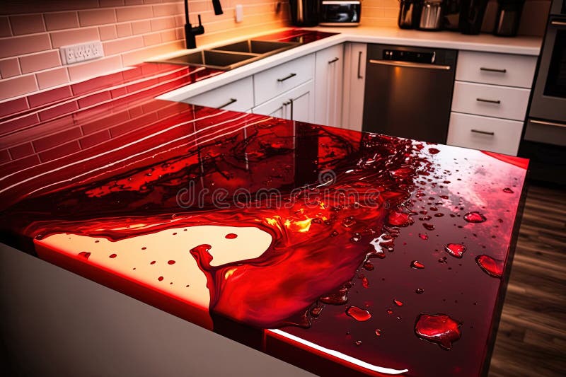 Red epoxy resin kitchen countertops. Generative AI. Stock Illustration