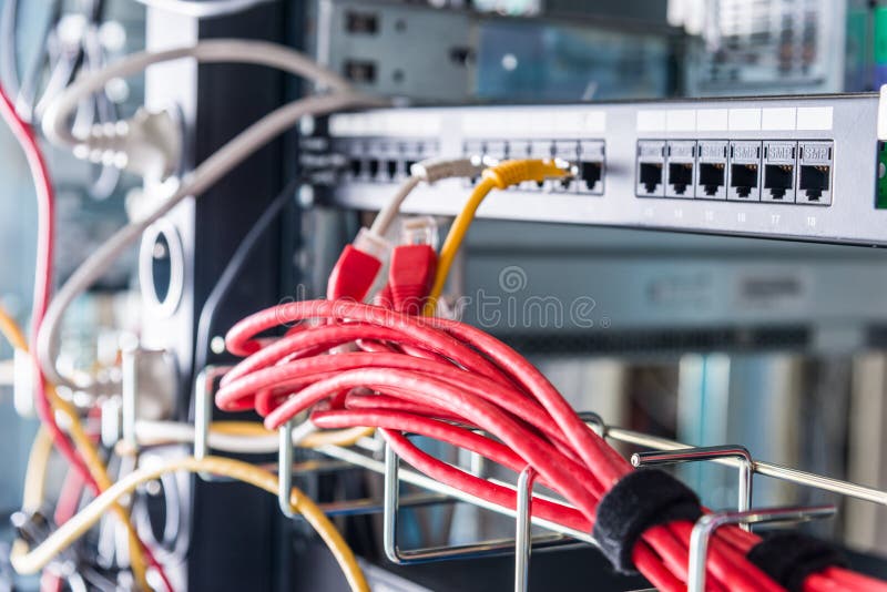 Red ethernet cables connected to switch stock image