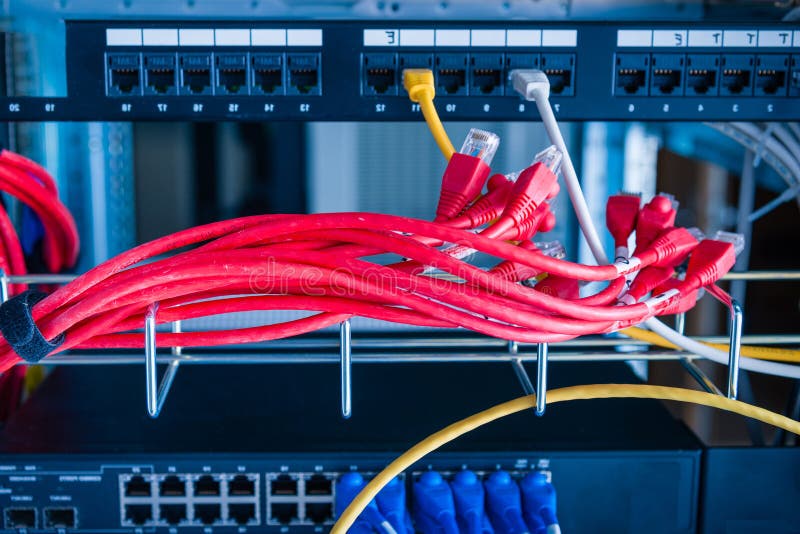 Red ethernet cables connected to switch stock photo