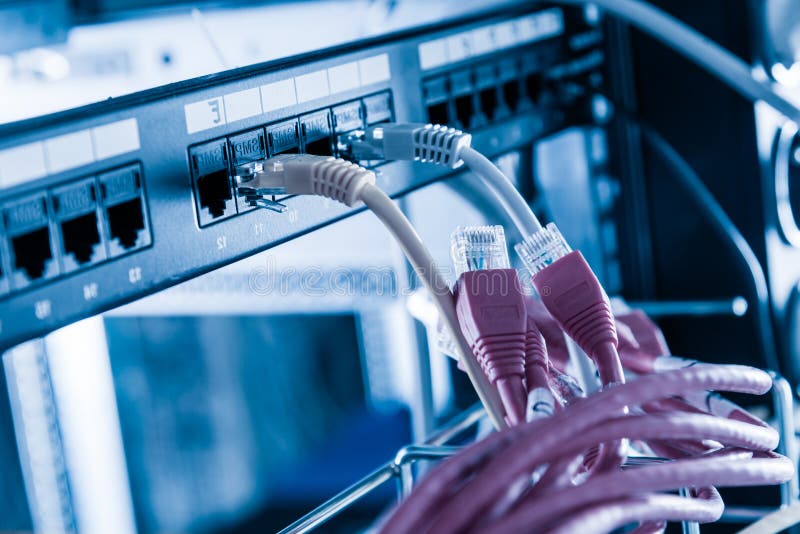 Red ethernet cables to be connected to switch stock photography