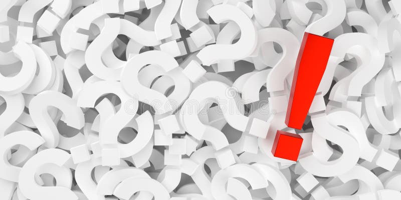 Red exclamation mark on heap of white question marks, problem or answer or solution symbol concept stock illustration