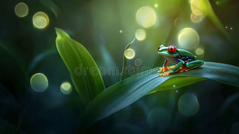 Red Eyed Tree Frog on Dewy Leaf in Rainforest stock illustration