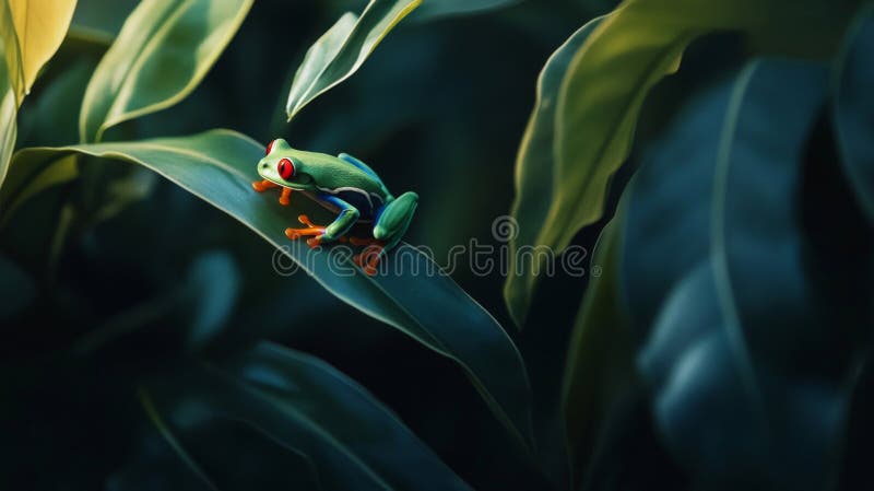 Red Eyed Tree Frog on Lush Green Leaf vector illustration