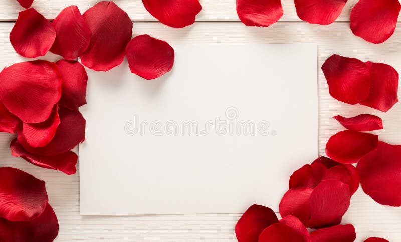Red fabric rose petals frame over white wood table background top view from above - marriage, love, wedding or valentine`s day stock image Red fabric rose petals frame over white wood table background top view from above - marriage, love, wedding or valentine`s day stock image