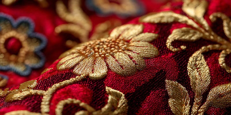 Red Fabric Texture with Gold Embroidery Detailed Closeup royalty free illustration