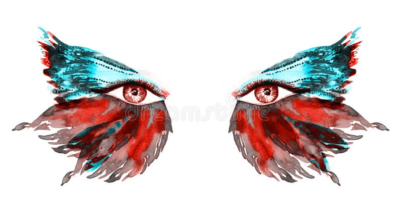 Red fairy eyes with makeup, red and green turquoise wings of butterfly shape eyeshadows vector illustration Red fairy eyes with makeup, red and green turquoise wings of butterfly shape eyeshadows vector illustration