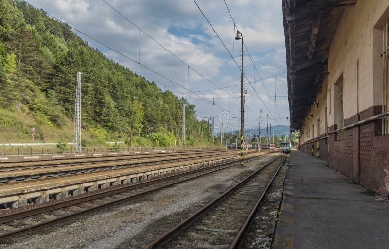 Red fast train in Slovakia station Ruzomberok