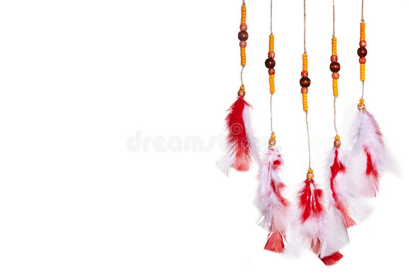 Red Feathers Curtain. Dream Catcher Native American on White. Boho Hippie Style. Ethnic Symbol for Good Dreams and Rest stock photo