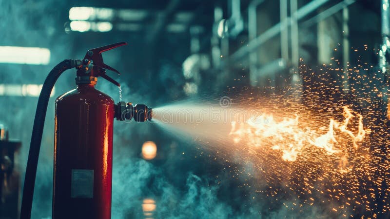 Red fire extinguisher actively extinguishing flames while generating smoke and sparks in a blurred industrial setting stock photography
