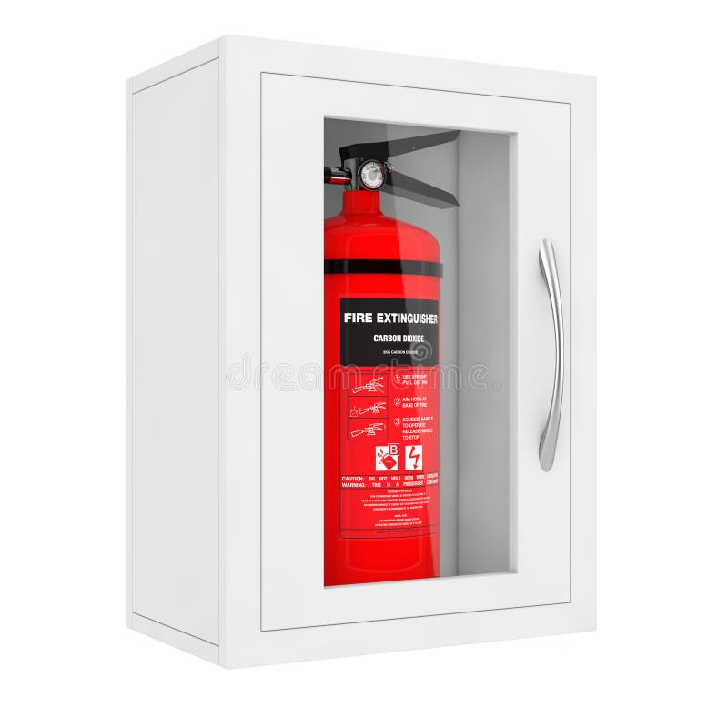 Red Fire Extinguisher in a Wall Mounted Emergency Storage Box. 3 Stock