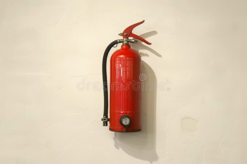 Red Fire Extinguisher on White Wall in Bright Room Stock Photo Image