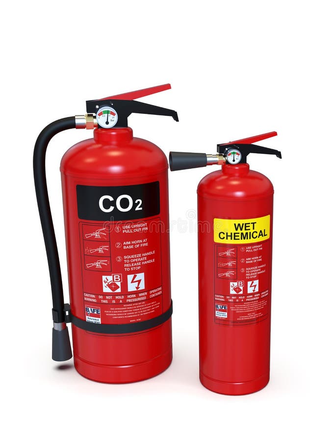 2 red Fire extinguishers, CO2 and Wet chemical stock images